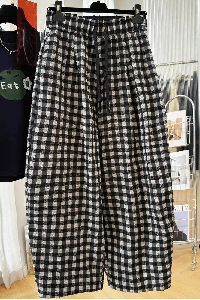 Women Korean Plaid Harem Pants Summer Linen Cotton Elastic Waist Cropped Pants High Grade Casual Loose Fashion Daily Trousers