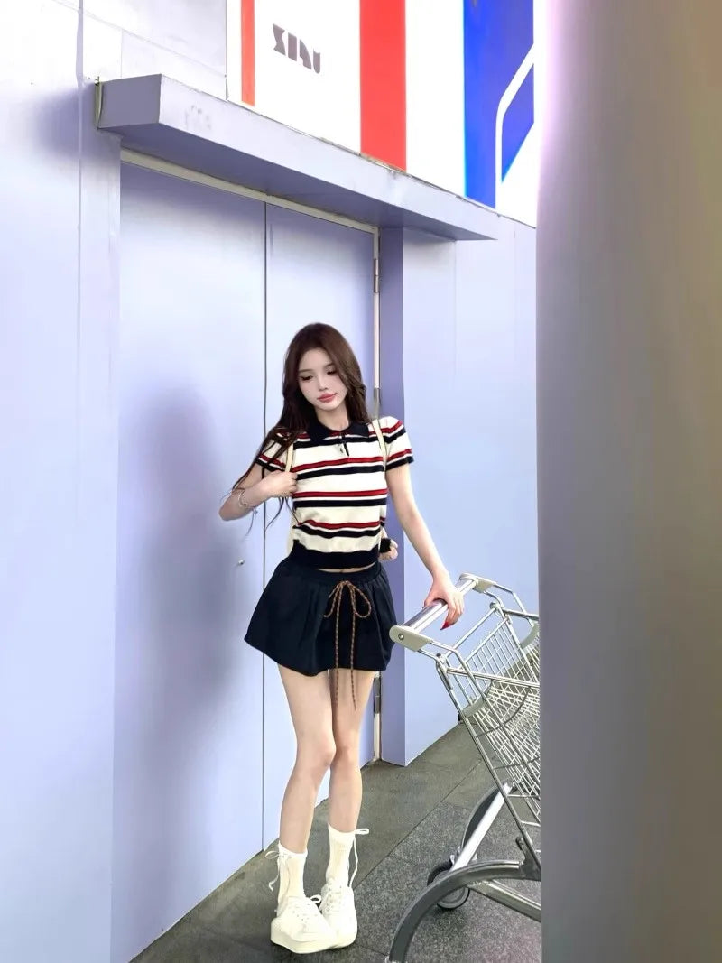 Miu Stripe  Neck Knitted Short Sleeve T-Shirt Women's Summer Design Sensible Short Style Korean Version Slim Fit Top