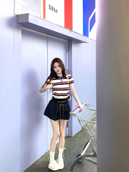 Miu Stripe  Neck Knitted Short Sleeve T-Shirt Women's Summer Design Sensible Short Style Korean Version Slim Fit Top