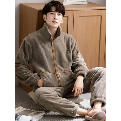 Men's Winter Sleepwear Coral Fleece Thickened Flannel Casual Long Sleeve Pajamas Large Size Home Clothes Chinese Style