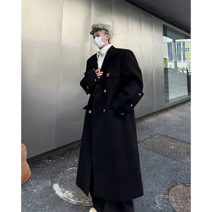 Autumn Winter Men's Shoulder Length Woolen Coat over Knee Double Breasted Windbreaker Outerwear Fashionable Korean Style