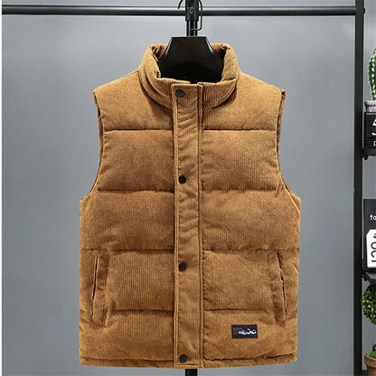 2025 New Vest Jacket Men's Autumn Winter Warm Coat Stand Collar Padded Waistcoat Corduroy Work Wear Male Clothes M-5XL