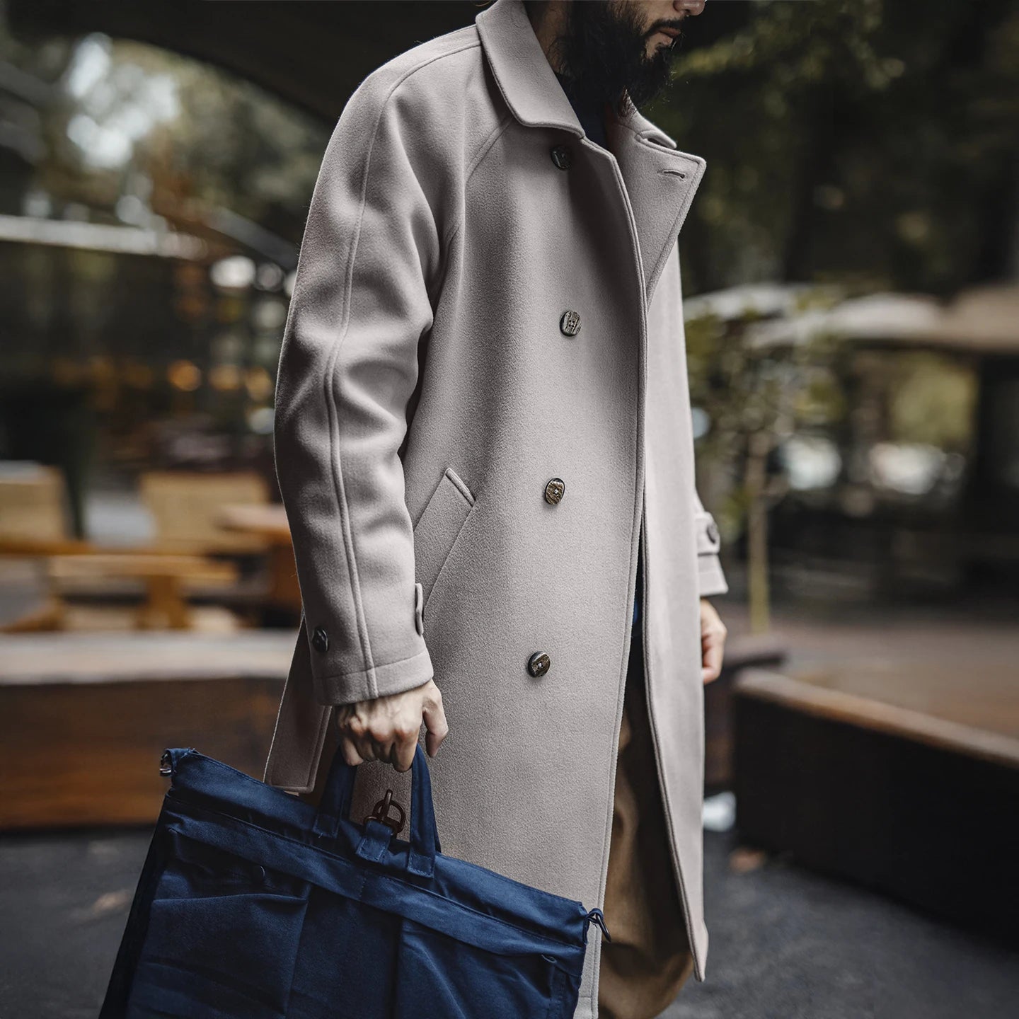 Maden Vintage Grey Balmacaan Jacket Men's German-Style Windproof Overcoat Mid-Length Warm Trench Coat for Fall Winter Commute