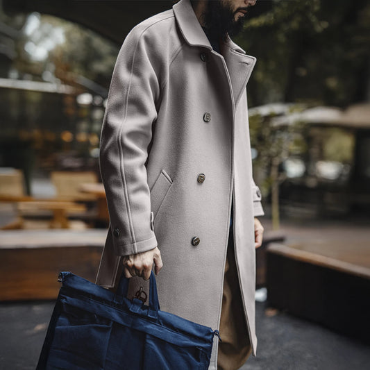 Maden Vintage Grey Balmacaan Jacket Men's German-Style Windproof Overcoat Mid-Length Warm Trench Coat for Fall Winter Commute