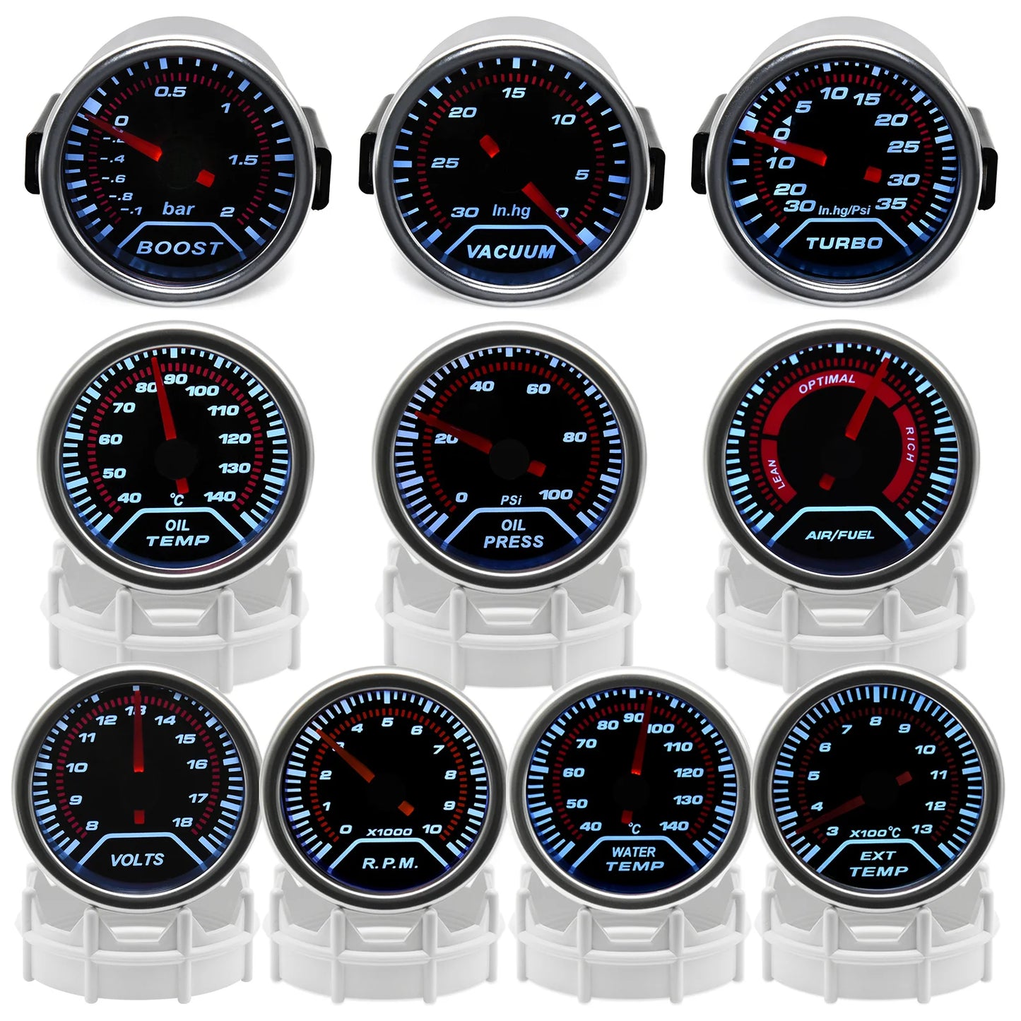 2" 52mm Universal 12V LED Smoke Len -1~0~2 BAR Turbo Boost Gauge Meter / Turbo Boost Meter with White LED Backlight For 12V Car