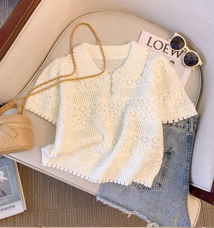 2024 New Hollow out Knitted Short Sleeve  Neck T-Shirt Women Summer Sweet And Spicy  Top Short Length Breathable