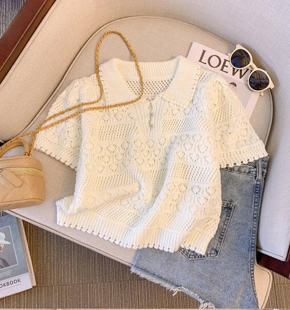 2024 New Hollow out Knitted Short Sleeve  Neck T-Shirt Women Summer Sweet And Spicy  Top Short Length Breathable