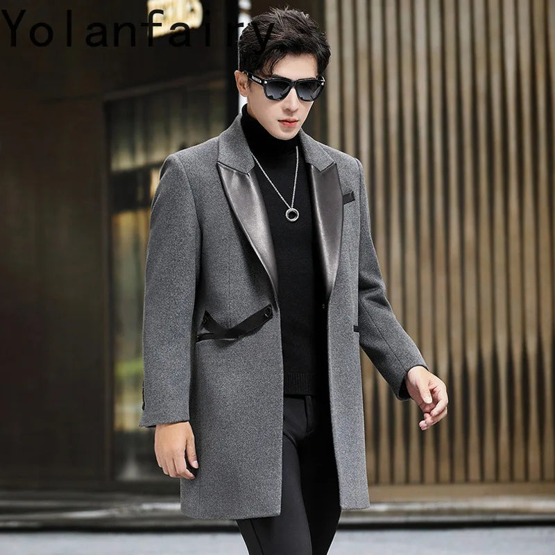 YOLANFAIRY Brand High Quality Sheepskin Spliced Wool Coat Man Jacket Autumn Winter Men's Mid-length Suit Collar Trench Coats