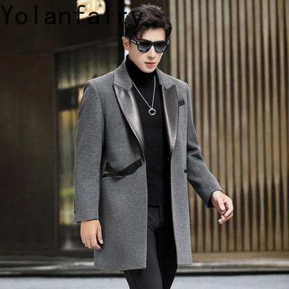 YOLANFAIRY Brand High Quality Sheepskin Spliced Wool Coat Man Jacket Autumn Winter Men's Mid-length Suit Collar Trench Coats