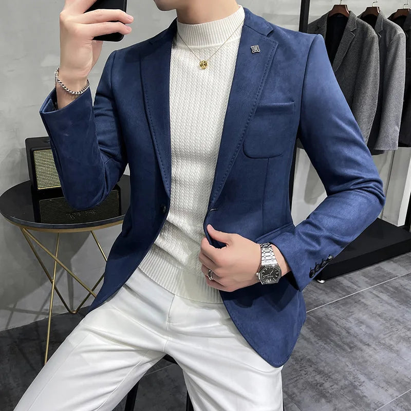KIDWHXR Men's Fleece Jacket Suit Coat Blazer Men's Business Leisure Slim Fit Brand Fashion High Quality Single Button Suit Coat