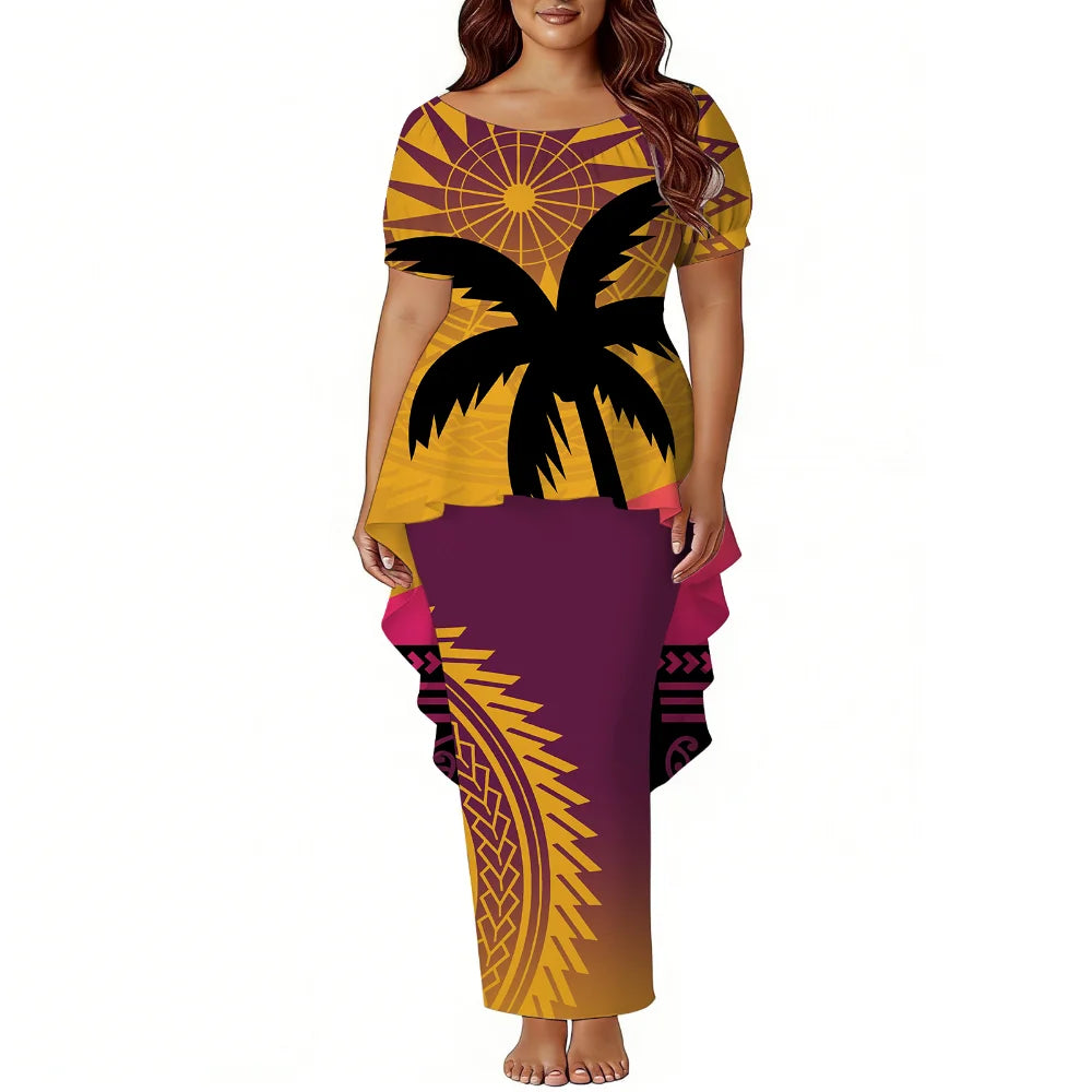 Polynesian Island-Style Women'S Short-Sleeved Puletasi Floral Print Dress Samoan Party Style Evening Dress