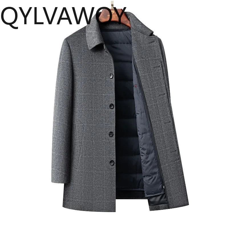 QYLVAWOY Men's Wool and Trench Coats Man Jacket Cashmere Mid-length Jackets Lapel Detachable Down Liner Man Clothes High-quality