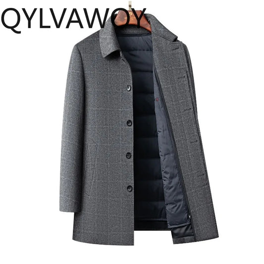 QYLVAWOY Men's Wool and Trench Coats Man Jacket Cashmere Mid-length Jackets Lapel Detachable Down Liner Man Clothes High-quality