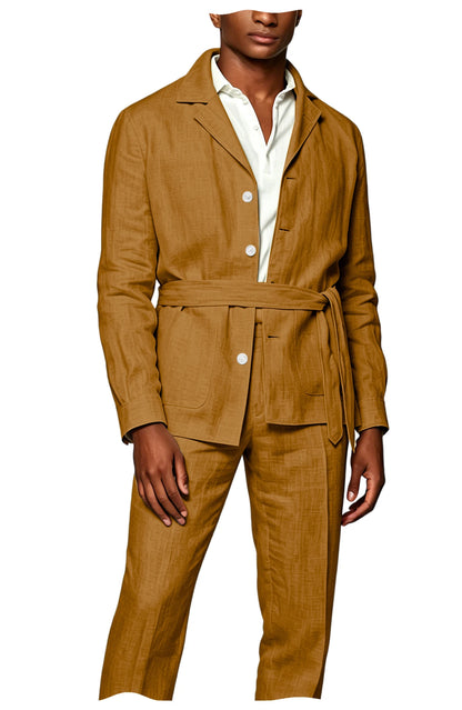 Men's Linen Belted Suit 2 Piece Set Casual Breathable Blazer & Pants Summer Lightweight Business Casual Outfit for Wedding Beach