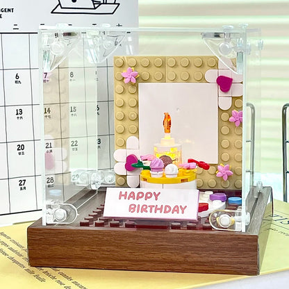 New Creative Building Block Bricks Happy Birthday Cake Blowing Candles Photo Wall Model DIY Assembly Kid Adults Couple Toys Gift