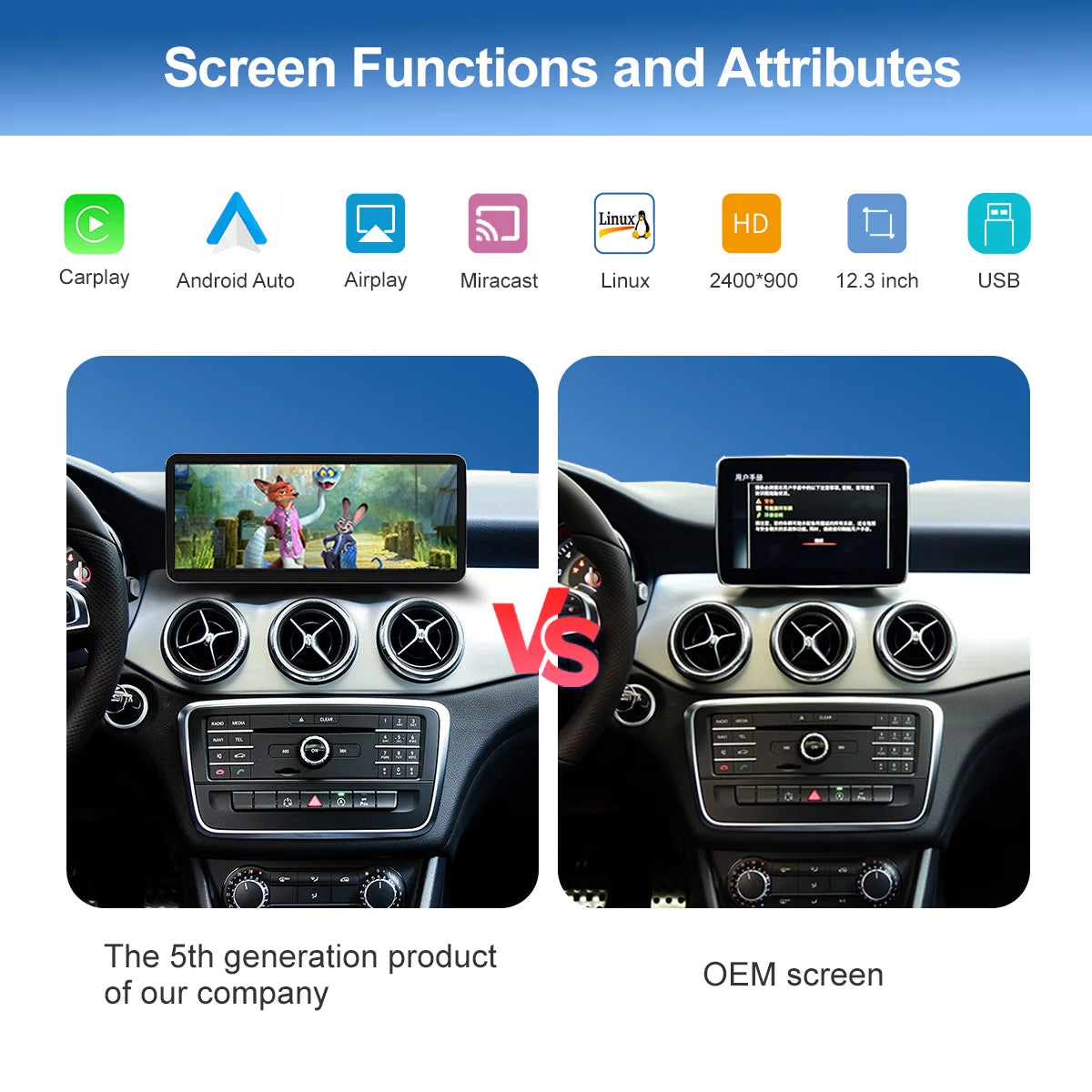 12.3“Wireless CarPlay For Mercedes Benz GLA CLA GLC GLK W205 W176 C117  Ultra thin Touch Multimedia screen with Android Auto BT