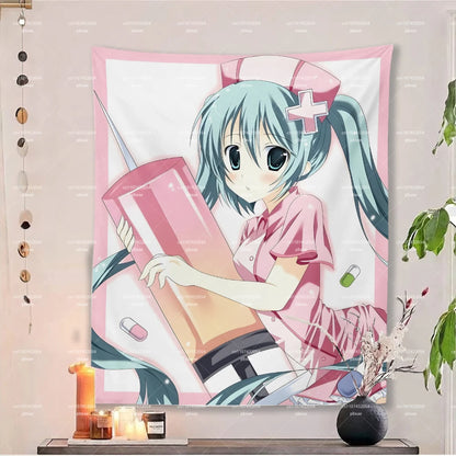 Hatsune Miku Nurse Tapestry, Pink Border Syringe Pill Anime Wall Hanging Bedroom Dorm Aesthetic Decor