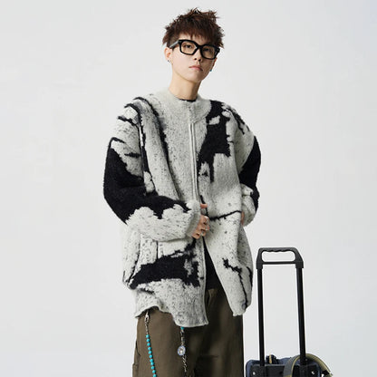 LUZHEN 2025 Winter New Original Color Contrast Ink Printed Knitted Cardigan Men Fashion Round Neck Handsome Male Sweater JY5391