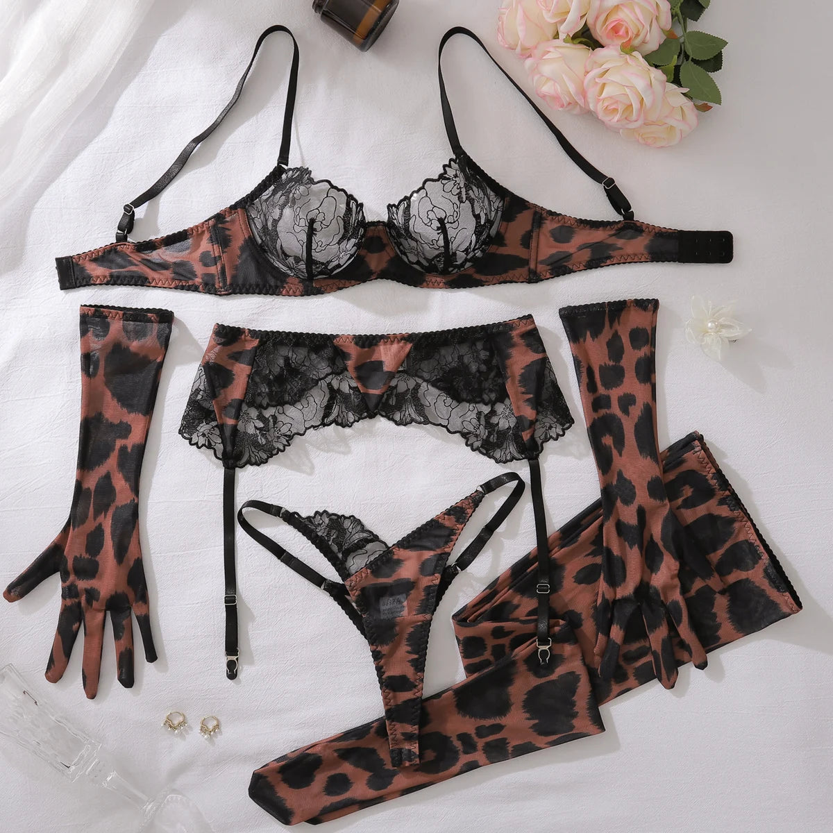 MUZISKAT Women's Splicing Underwear Super Sexy Lace Leopard Pattern Gloves Silk Socks Underwear Set Five Piece Set