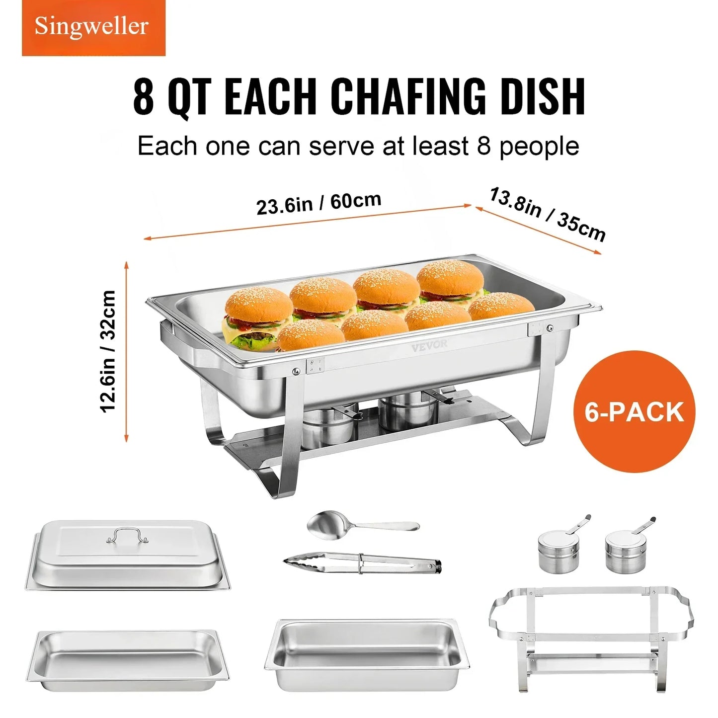 Singweller 2/4/6 Packs 8QT Rectangle Chafing Dish w/ Full Size Pans Buffet Catering Warmer Server Folding Stand Fuel Holder Tray