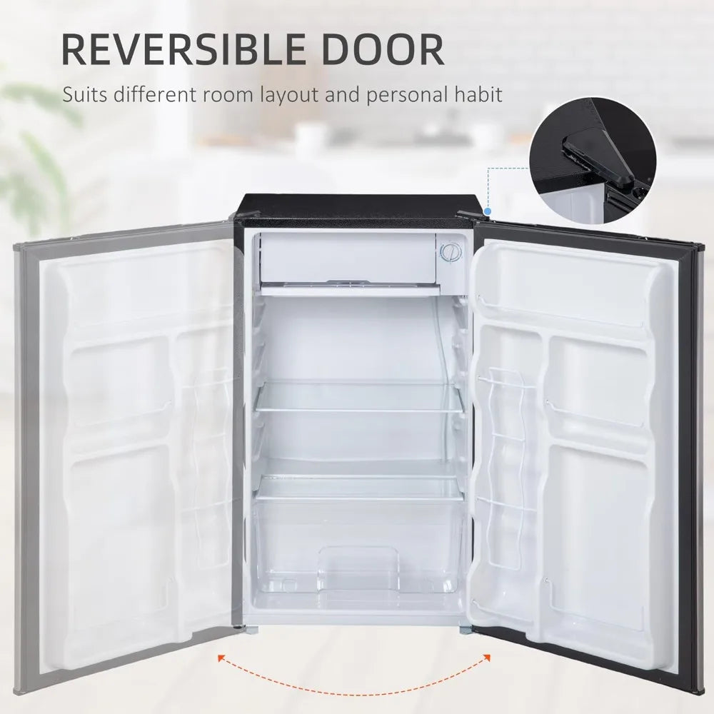 3.2 Cu.Ft Mini Fridge with Freezer, Compact Refrigerator with Adjustable Thermostat, Shelf and Reversible Door for Bedroom, Dorm, Home Office, Energy Efficient, Silver