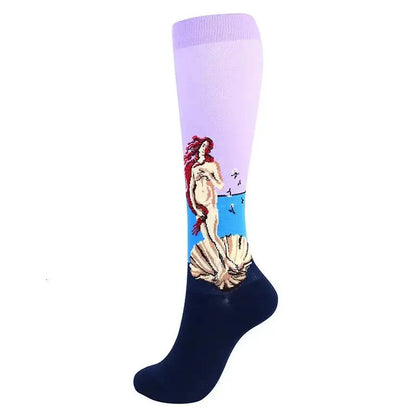Oil Painting Compression Socks Men Women Mona Lisa Sky Kiss Wave Pearl Pressure Stockings Nylon Compress RunSport Newest