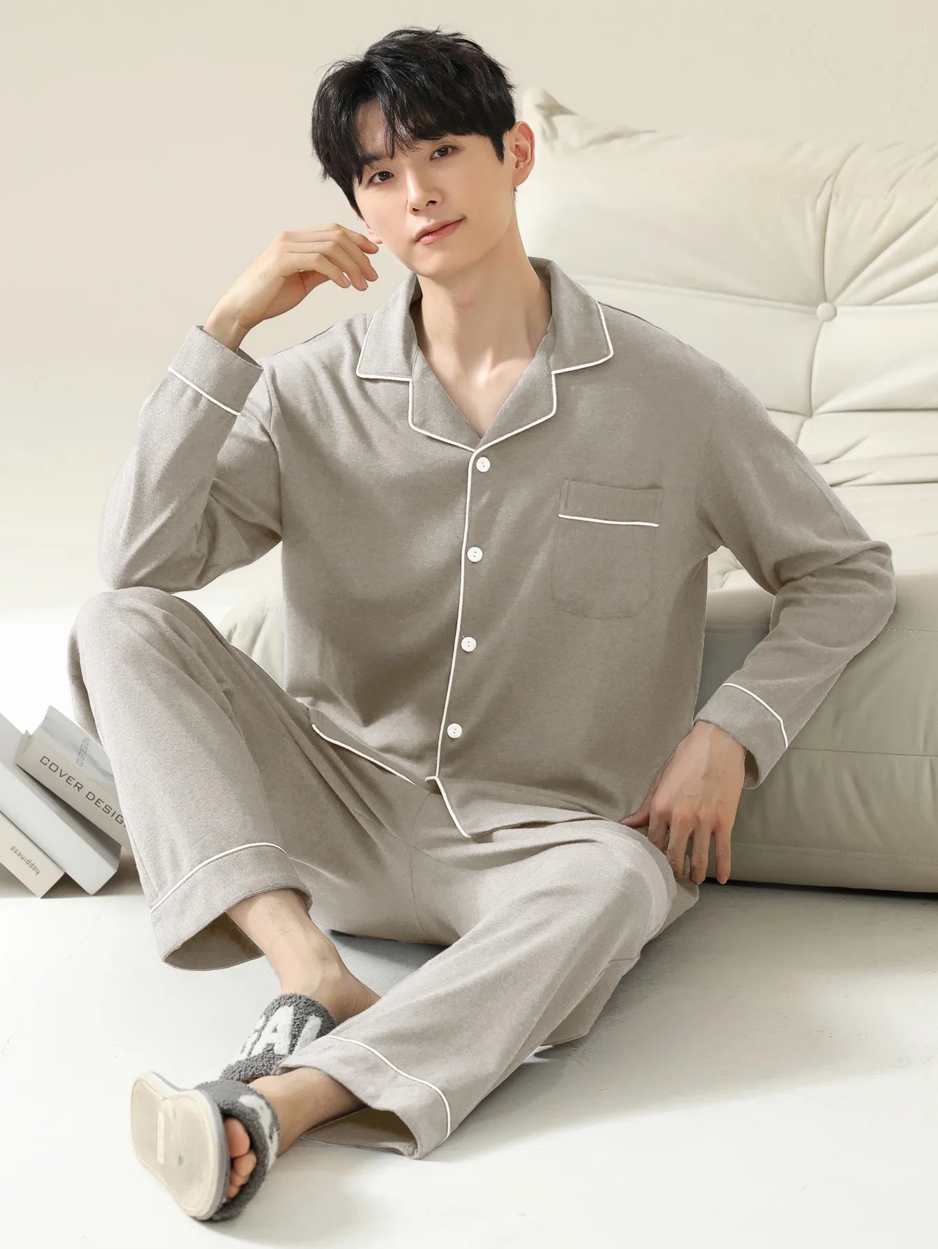 Men's 100% cotton long sleeved four season plus size men's sleepwear, teenage pure cotton home suit set for warmth