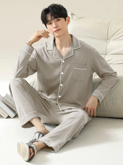 Men's 100% cotton long sleeved four season plus size men's sleepwear, teenage pure cotton home suit set for warmth