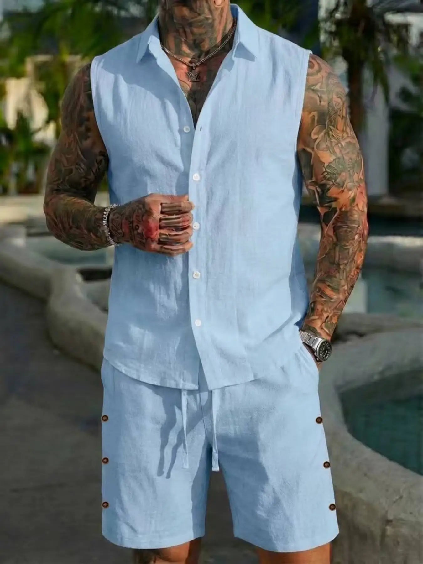 New Men's Sexy and Fashionable European and American Men's Cotton and Linen Style Casual Cardigan Vest Set Combination
