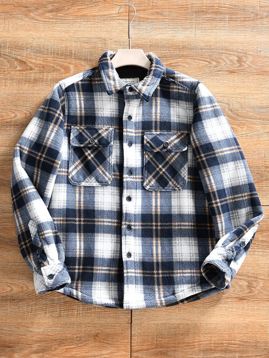 Double-Sided Fleece Plaid Shirt Jacket Thickened Casual Men's Winter Outerwear American Style Standard Fit Long Sleeve Button...