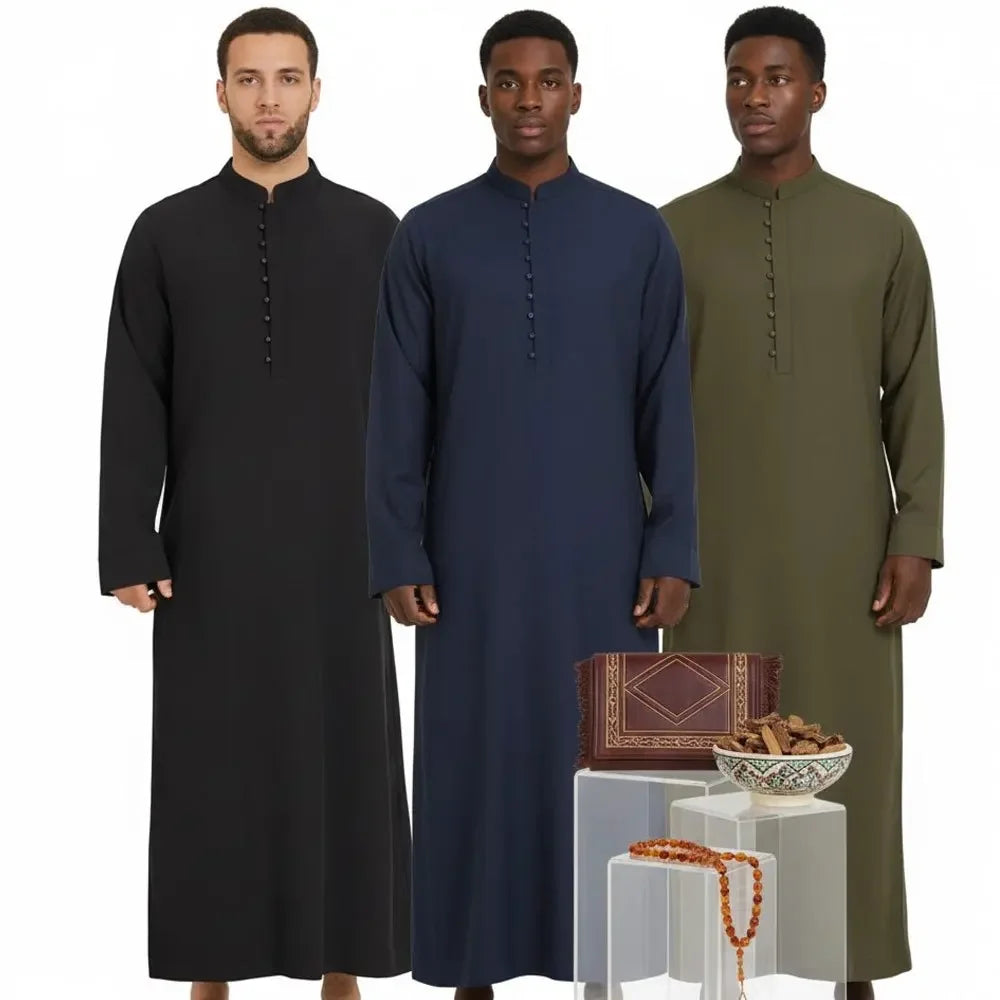 Middle East Arab Mens Robe Loose Fit Standing Collar Round Neck Traditional Islamic Clothing Long Kaftan