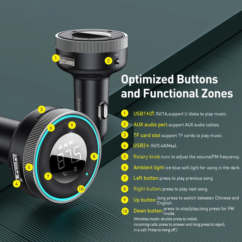 Baseus Car FM Transmitter with Bluetooth 5.0 & 3.4A Dual USB Charger - MP3 Player, Radio, Hands-Free Calling Adapter