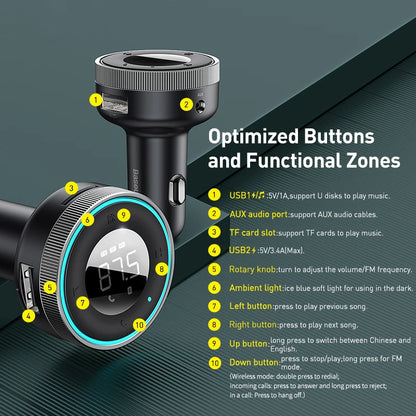 Baseus Car FM Transmitter with Bluetooth 5.0 & 3.4A Dual USB Charger - MP3 Player, Radio, Hands-Free Calling Adapter