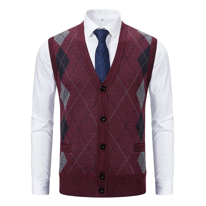Spring Autumn Male Vest Sleeveless Sweater Fleece Warm  Knitted Jackets Checkered Business Casual Button Up Coat Men's Clothing