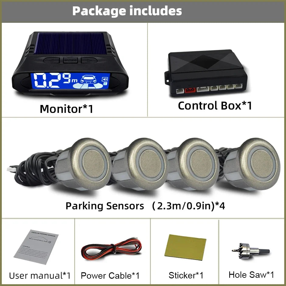 QXNY Wireless Solar Charging 4 Parking Sensors Kit Backup Radar Rear Parktronic Auto LCD Monitor Detector Assistance Reverse