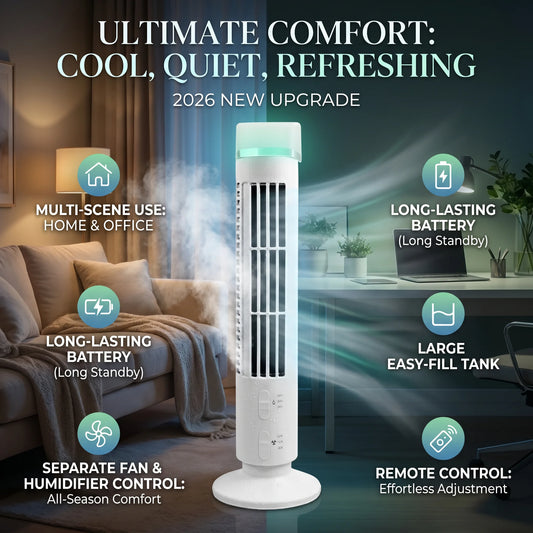 2026 New Upgrade Mini Tower Fan 3W Vertical Air Conditioning Fan Bladeless With Light USB Plug-in Or Battery Powered 2-speed For