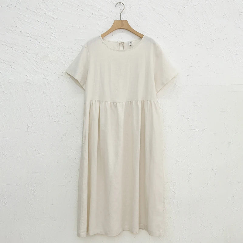 Summer Cotton Linen Women Dresses Vintage Short Sleeve Casual Loose Back Bandage Harajuku Party Club Dress With Pockets