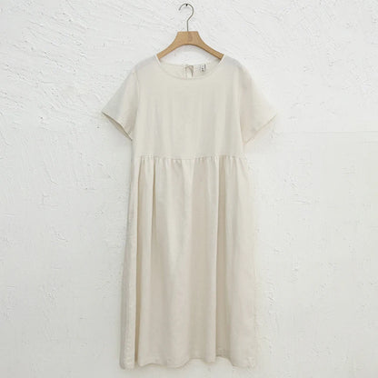 Summer Cotton Linen Women Dresses Vintage Short Sleeve Casual Loose Back Bandage Harajuku Party Club Dress With Pockets