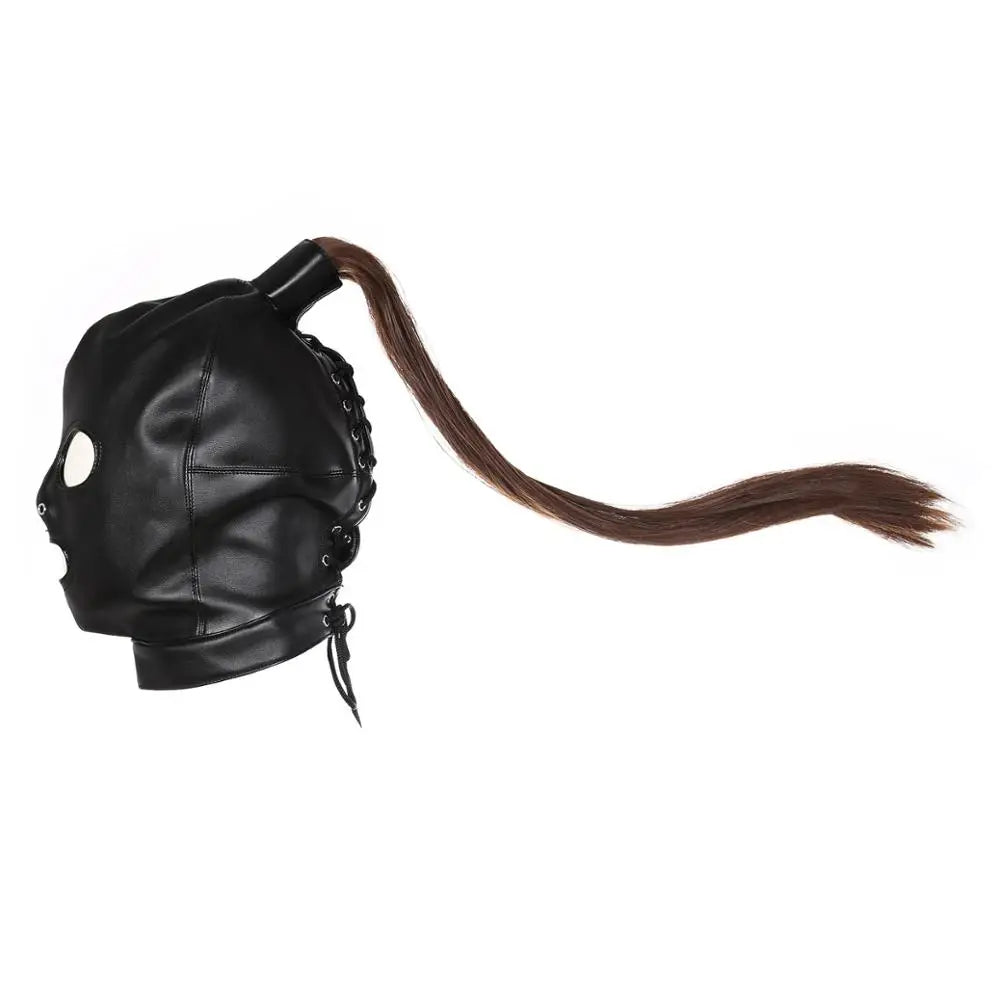 Professional Pony Play Mask with Hair Ponytail BDSM Bondage Hood Shoulder Harness Set Slave Role Play Fetish Gear Adult Toy
