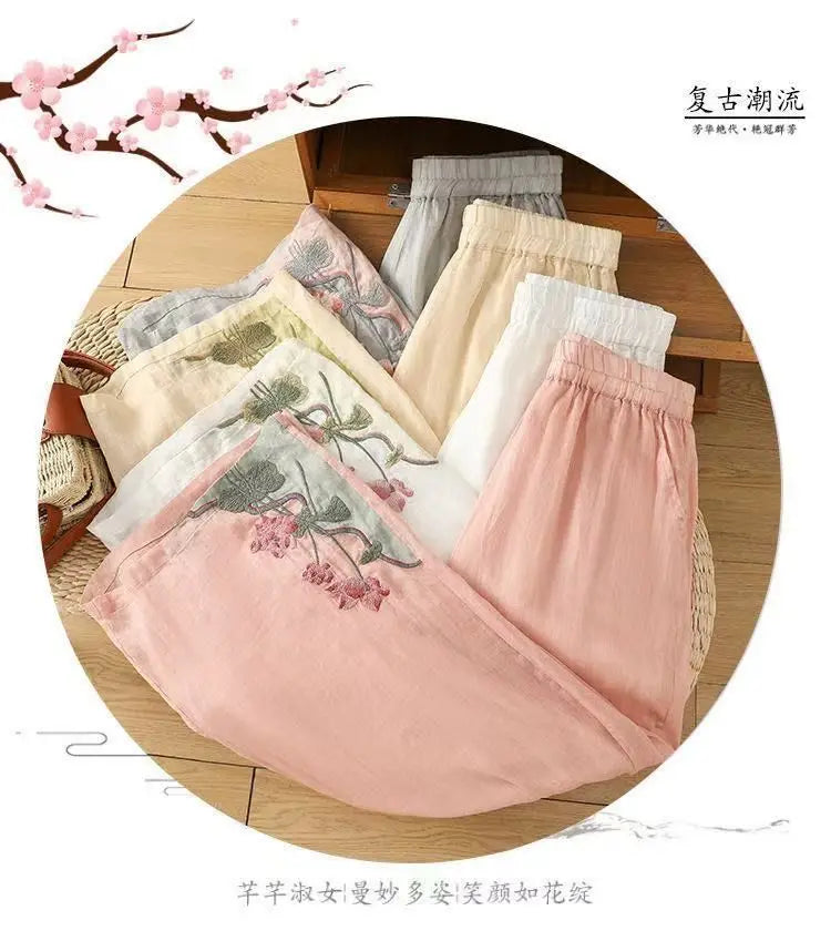 High-End Retro Embroidered Cotton Linen Wide Leg Pants Women Summer Lightweight Breathable High Waist Slimming Casual Travel