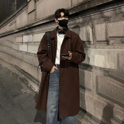 TFETTERS Brand Long Coat Man 2026 New Autumn Winter Turn Down Collar Solid Color Woollen Overcoat Mens Korean Fashion Streetwear