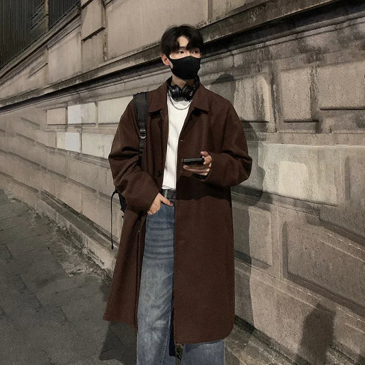 TFETTERS Brand Long Coat Man 2026 New Autumn Winter Turn Down Collar Solid Color Woollen Overcoat Mens Korean Fashion Streetwear