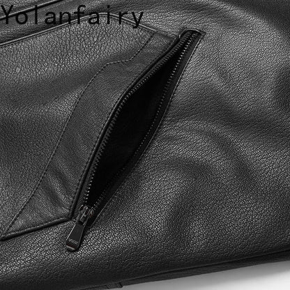 YOLANFAIRY Genuine Goatskin Leather Jacket for Man Real Fur Coat with Hood Winter Luxury Mink Fur Liner Men's Leather Jackets