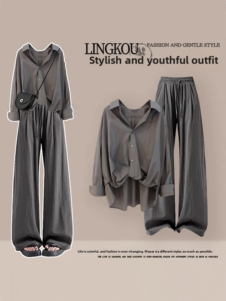 Summer Vintage plus Size Set Women's Fashion Asymmetrical Long Sleeve Thin Shirt Versatile Slimming Casual Pants Two Piece Set
