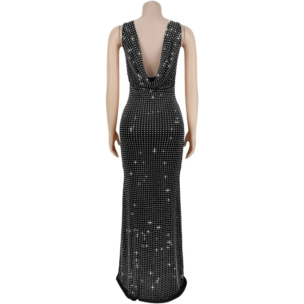 RLMABABY Sexy Swinging Collar Diamond Women Club Bodycon Dress Sleeveless Backless Evening Party Long Prom Dress