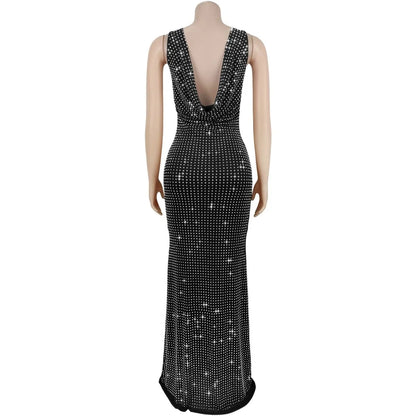 RLMABABY Sexy Swinging Collar Diamond Women Club Bodycon Dress Sleeveless Backless Evening Party Long Prom Dress