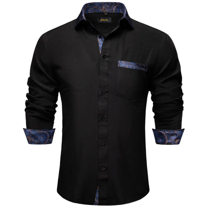 Men Shirts Long Sleeve Black and Green Contrast Color Tops Casual Fashion Polyester Dress Shirt Business Party Men Clothing
