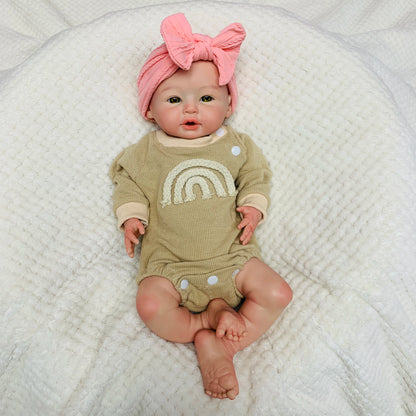 18 Inch Full Soft Silicone Reborn Girl Doll, Open Mouth Newborn with Pink Bow Headband, Real Touch Handmade Collectible Gift Toy