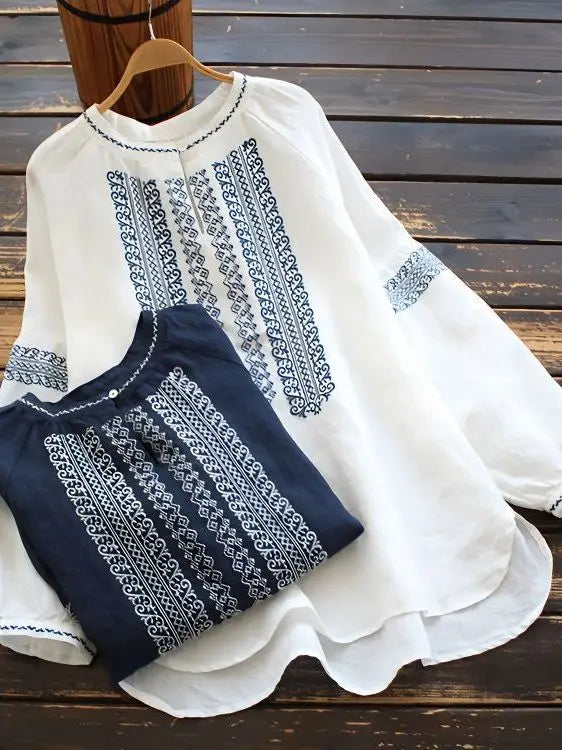 Retro Embroidered Cotton Linen Long Sleeve Women's Shirt Thin Top Large Size Cotton Linen Long Sleeve T-Shirt Commute Wear