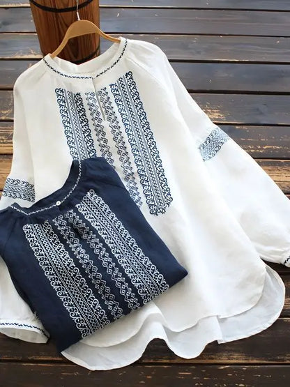 Retro Embroidered Cotton Linen Long Sleeve Women's Shirt Thin Top Large Size Cotton Linen Long Sleeve T-Shirt Commute Wear